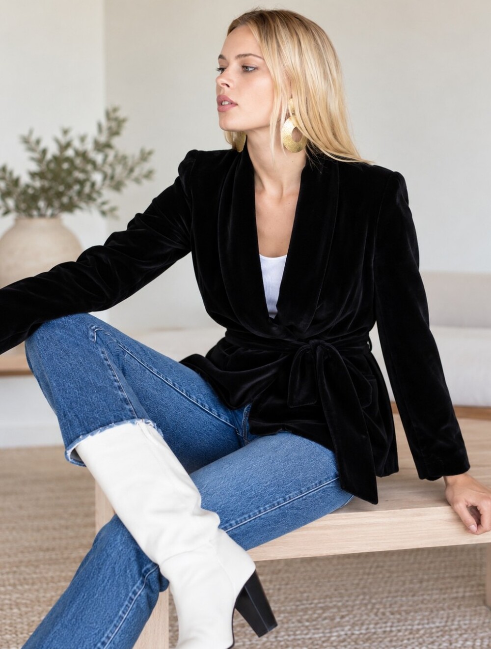 Zara Basic Black Velvet Belted Wrap Blazer Smoking Jacket Size M